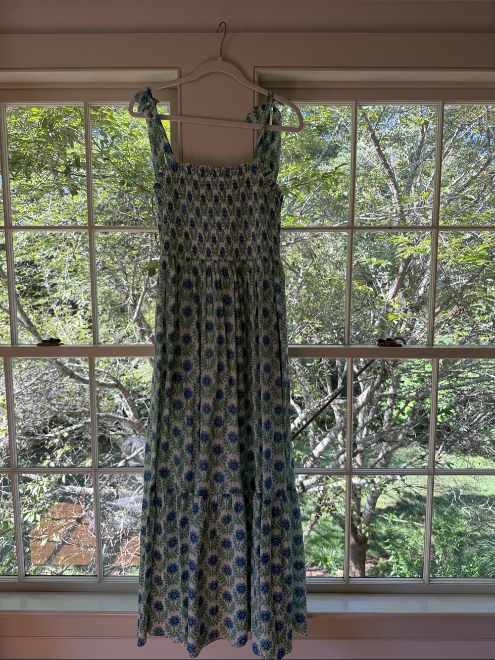 Ophelia & Indigo Smocked Maxi Dress Blue Floral block Print medium M pockets